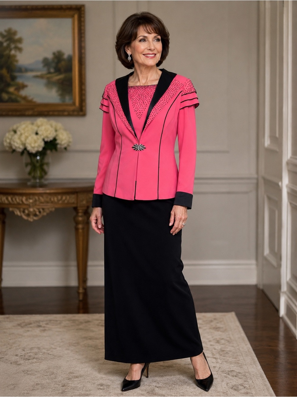Lisa Rene’ Pink & Black 3pc Church Skirt Suit Set Size 8